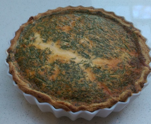 Salmon and dill quiche with potato pastry